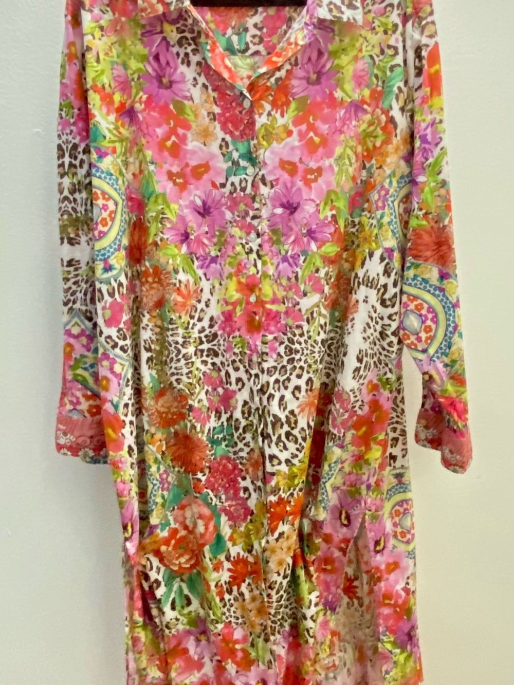 Johnny Was Pink Multi Floral Leopard Print Sheer Dress XL
